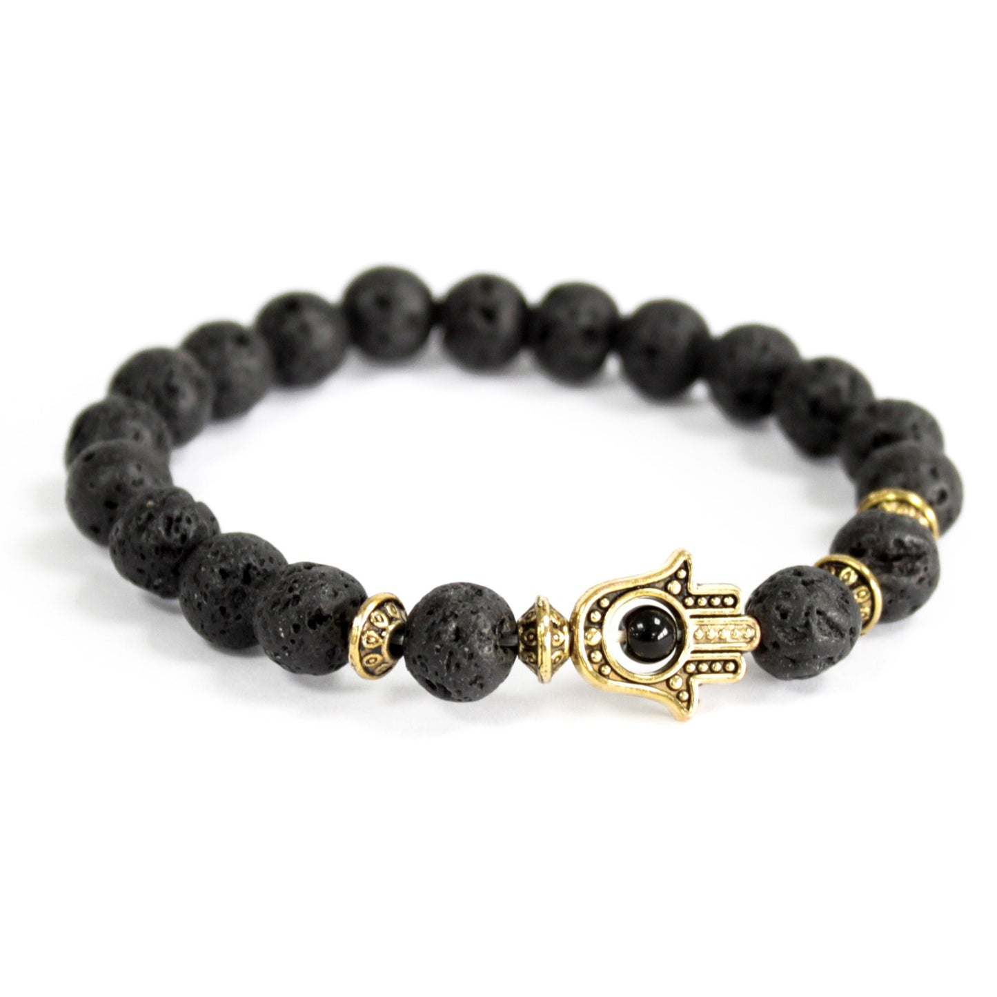 Hamsa de Oro / Piedra de Lava - Pulsera de Piedras Preciosas