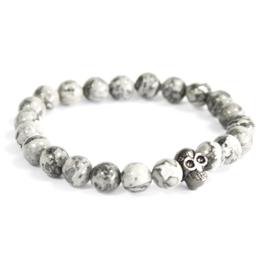 Calavera de peltre / Ágata gris - Pulsera de piedras preciosas