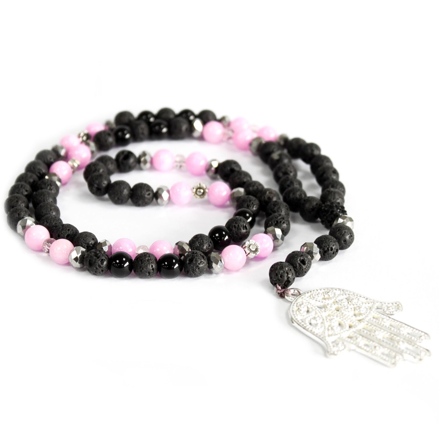 Hamsa / Rosa y Negro - Collar de Piedras Preciosas