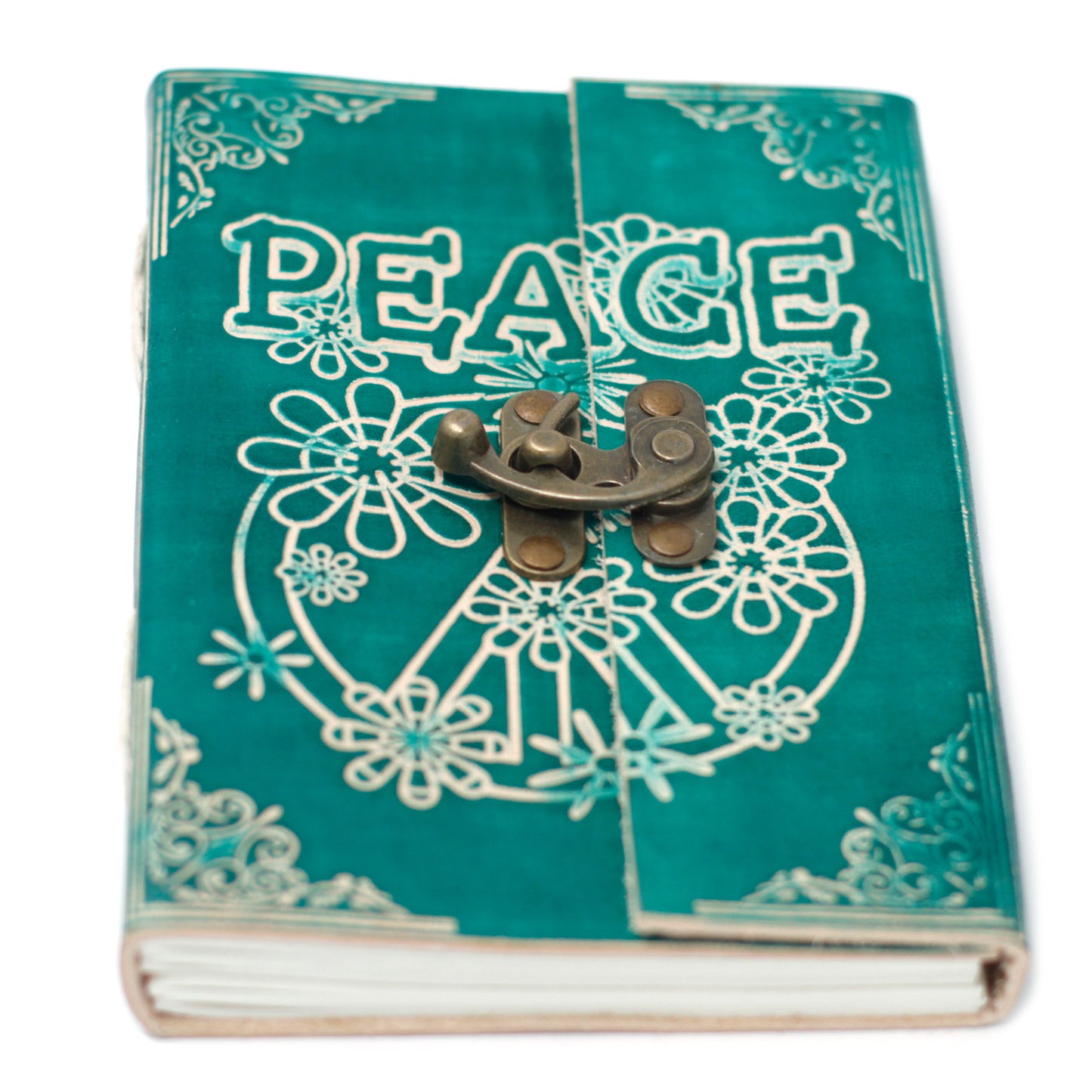 Cuaderno de cuero verde Peace con candado (7x5")