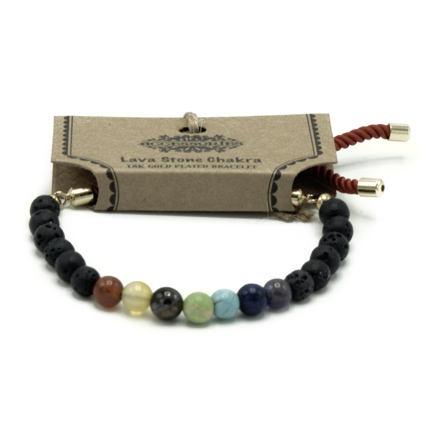 Pulsera de hilo real con piedras preciosas chapadas en oro de 18 quilates - Chakra de piedra de lava