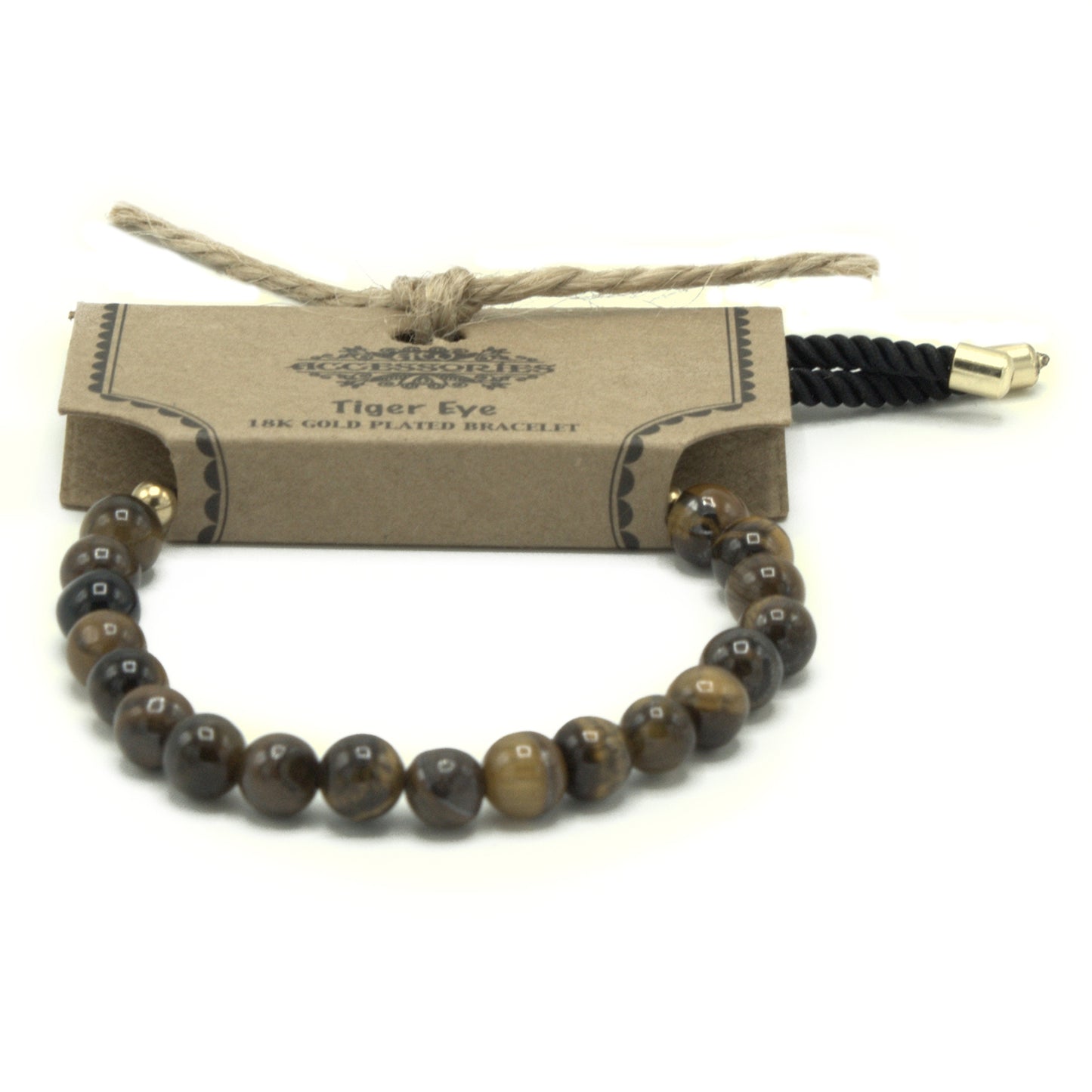 Pulsera de hilo negro con piedras preciosas chapadas en oro de 18 quilates - Ojo de tigre