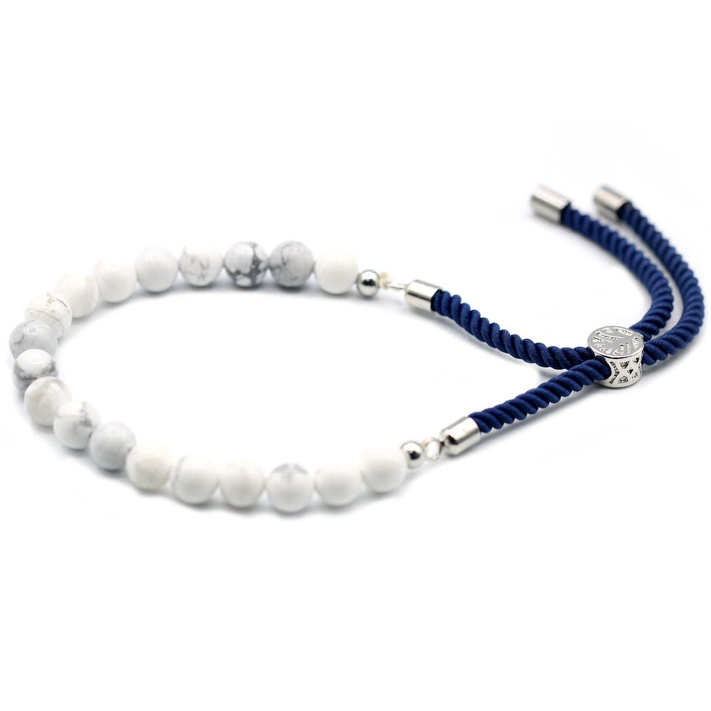 Pulsera de hilo azul marino con piedras preciosas chapadas en plata 925 - Howlita blanca