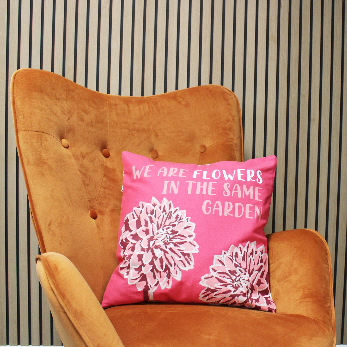 Printed Cotton Cushion Cover - We are Flowers - Olive, Pink and Natural