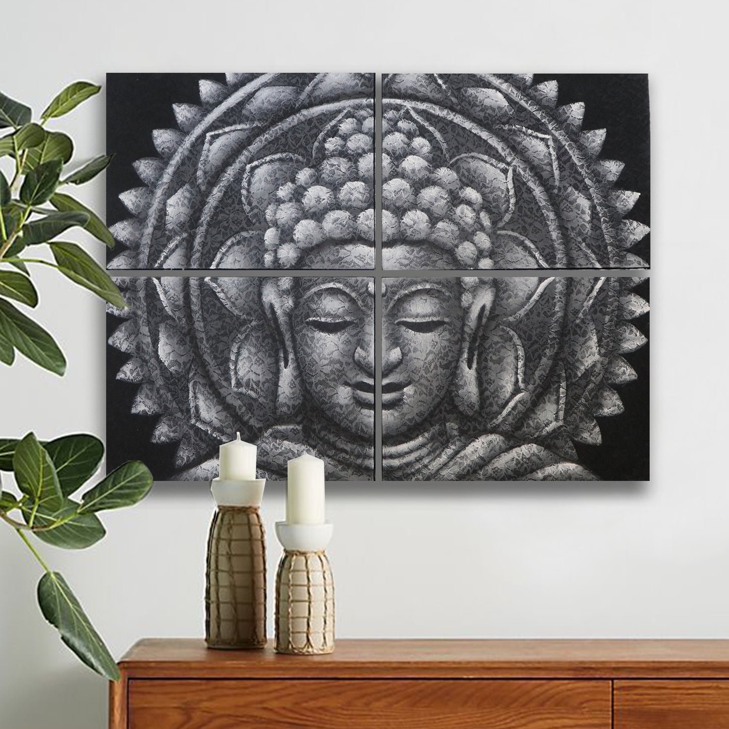 Juego de 4 mandalas de Buda gris con detalle de brocado 30x40 cm