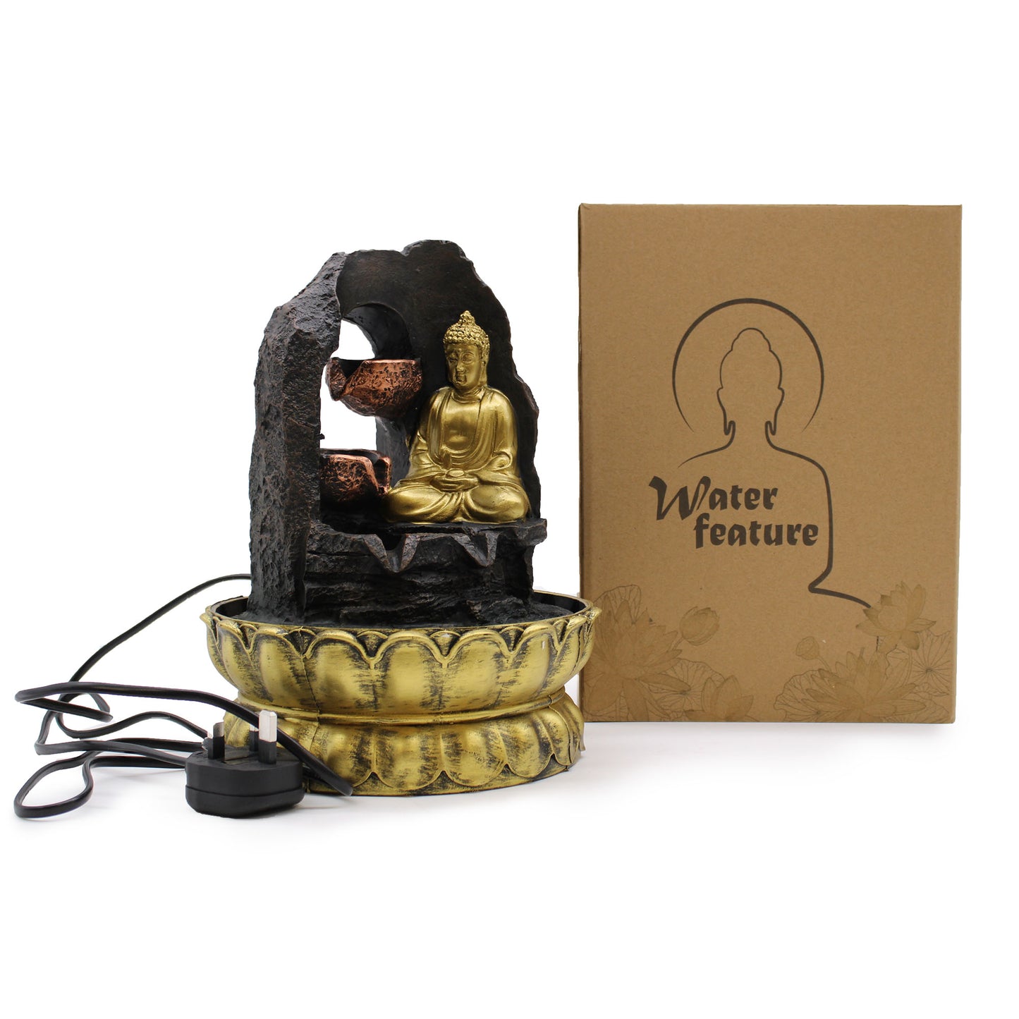 Tabletop Water Feature - 30cm - Golden Meditating Buddha