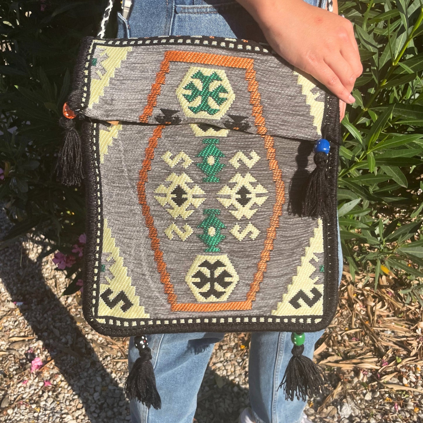 Pale Grey Kilim Messenger Festival Bag