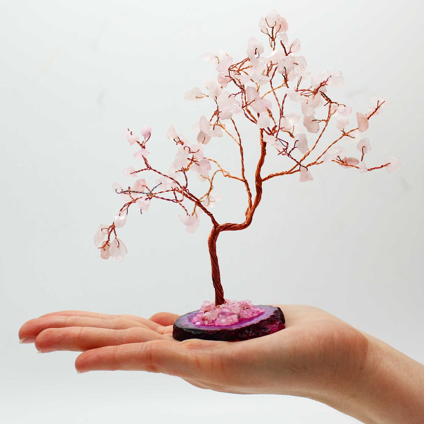 Árbol de piedras preciosas Lrg - Cuarzo rosa sobre base de ágata rosa (100 piedras)