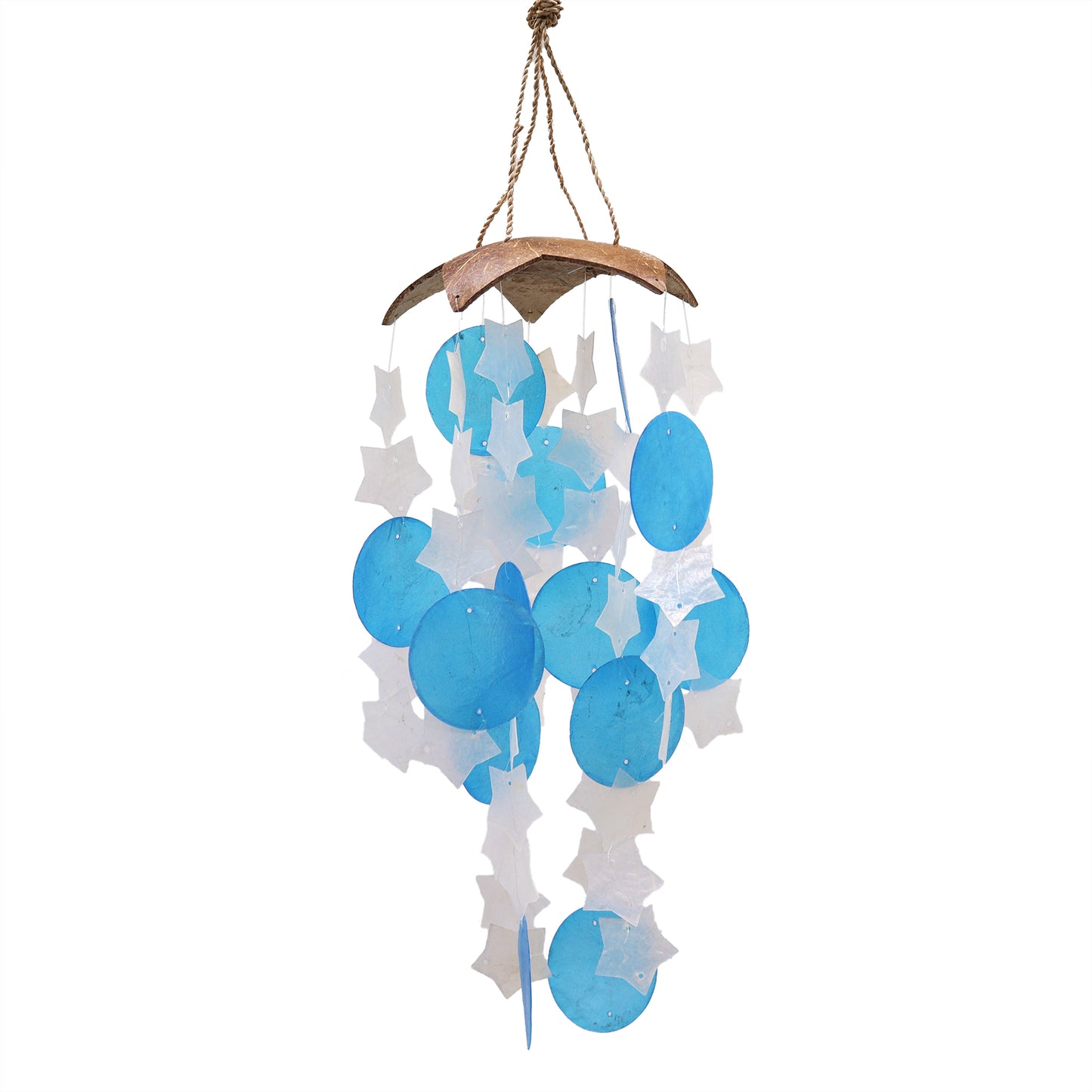 Coconut & Capiz Windchimes - Blue and White Stars - 30cm