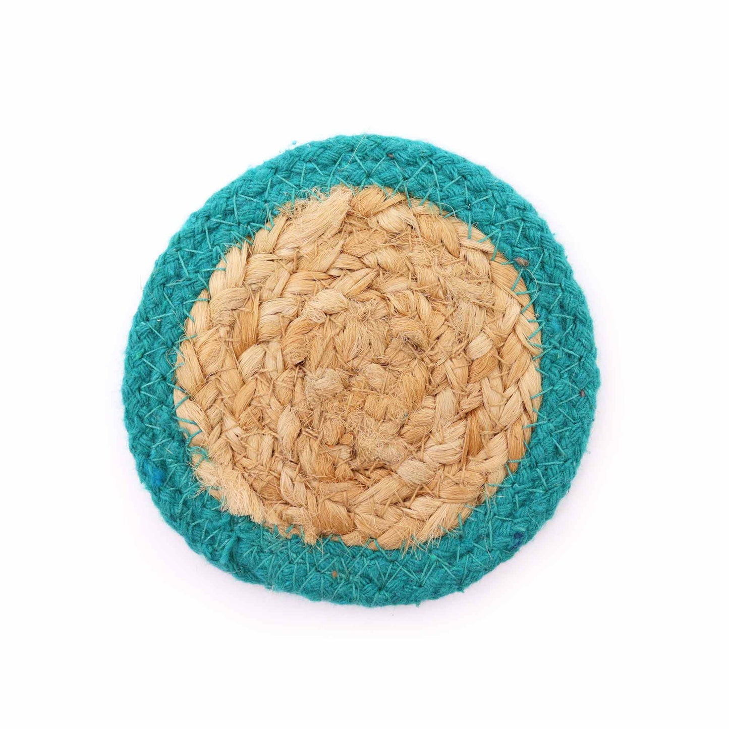 Natural Coaster - Jute & Cotton 10cm  (set of 4) - Teal Boarder