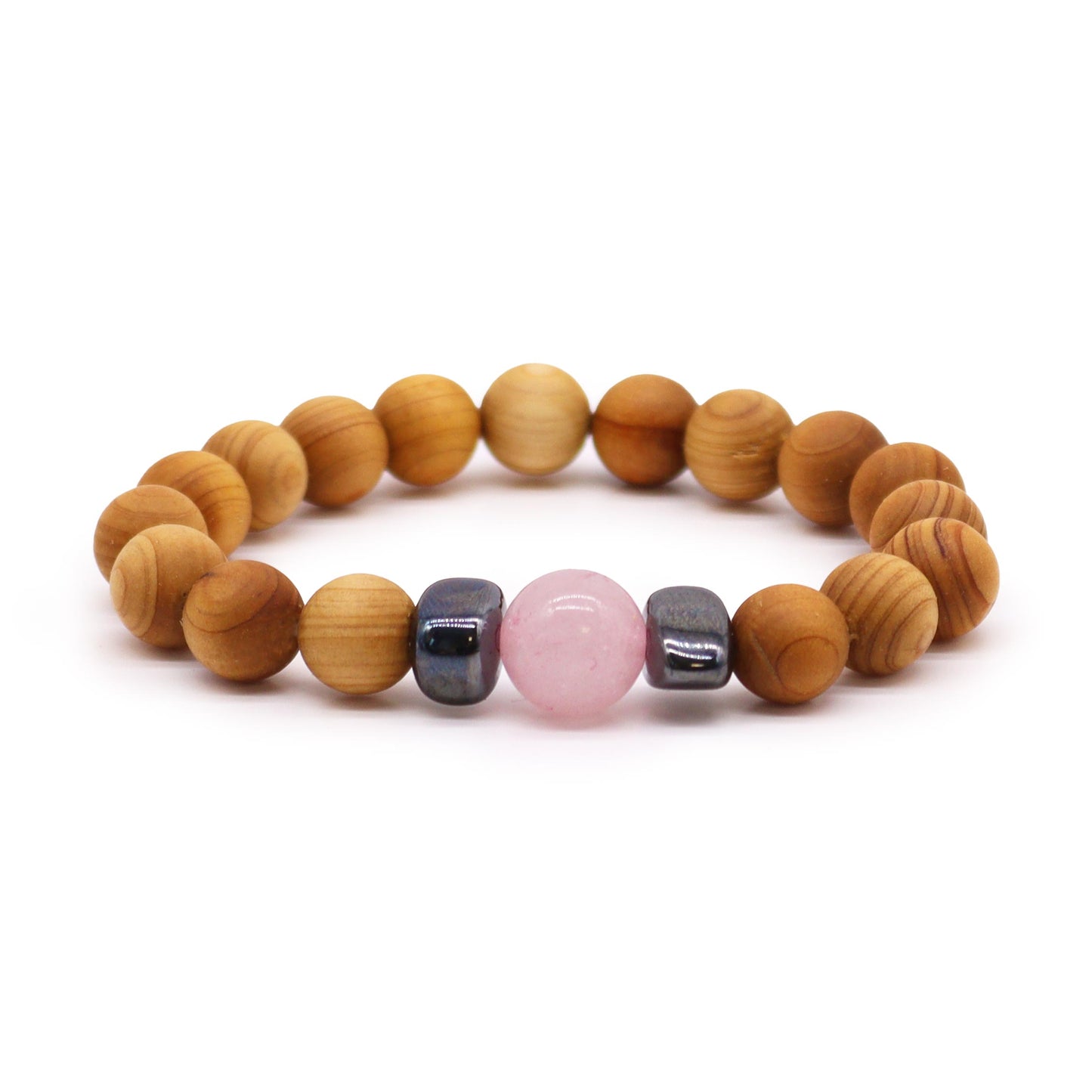 Brazalete de chakra del corazón de madera de cedro con cuarzo rosa