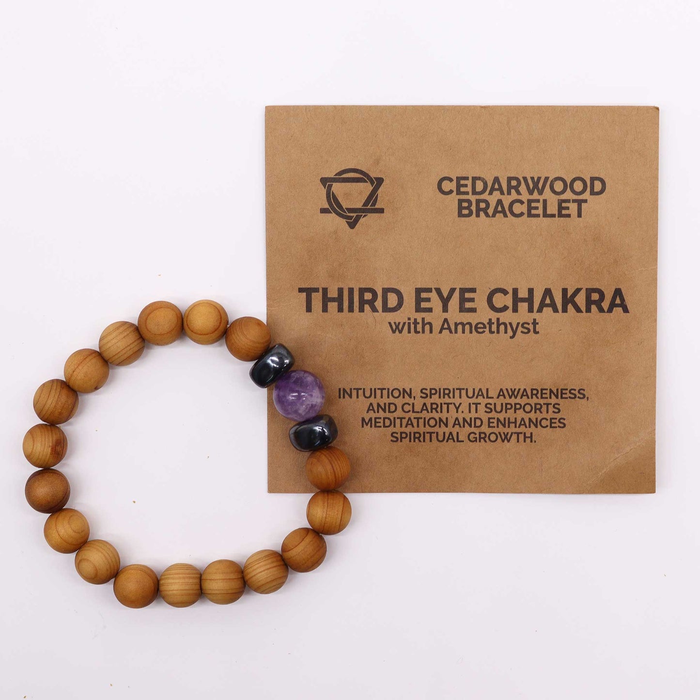 Brazalete del chakra del tercer ojo de madera de cedro con amatista