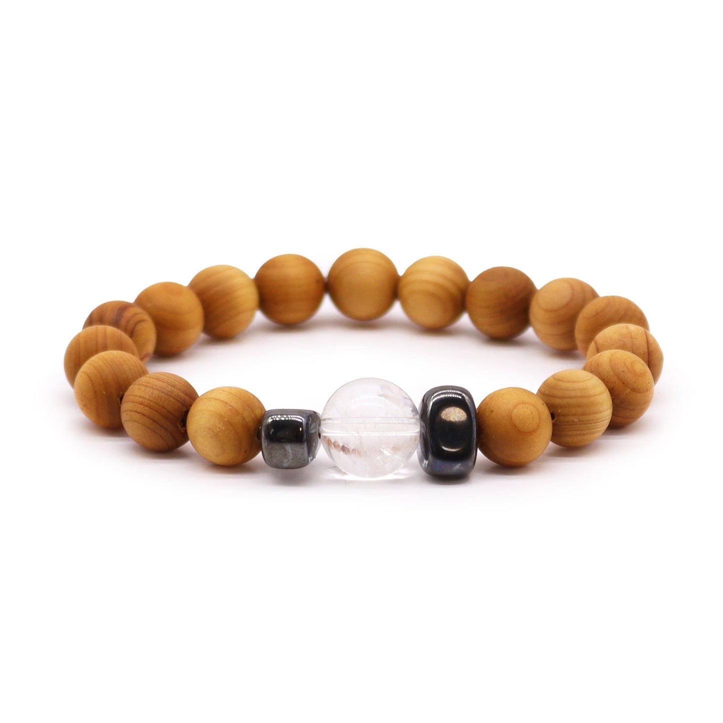 Brazalete de chakra corona de madera de cedro con cuarzo transparente