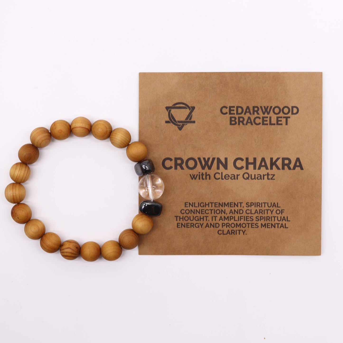 Brazalete de chakra corona de madera de cedro con cuarzo transparente