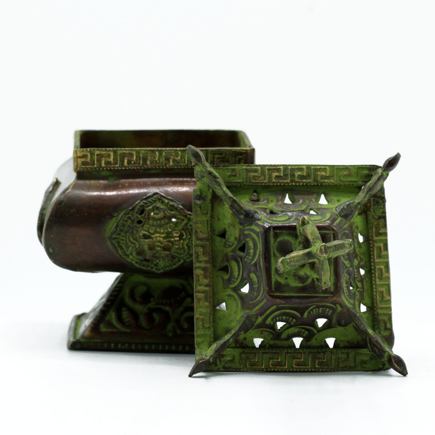 Brass Verdigris Tibetan Burner - Four Symbols Square Standing Pot